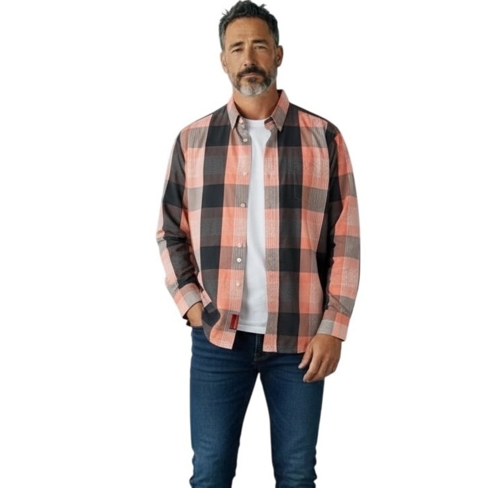 Tommy Bahama Mens Long Sleeve Plaid Shirt Coral Black Gray Button Up L/G